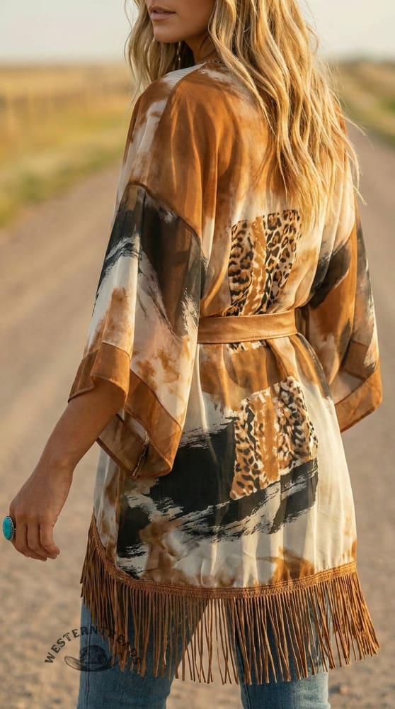 Women's Vintage Abstract Art Print Casual Tassel Patchwork Top