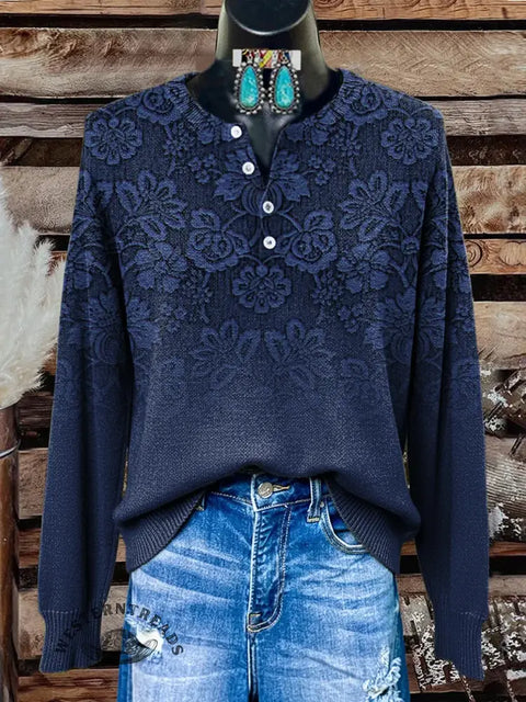 Retro Floral Art Print Buttoned Cardigan Sweater