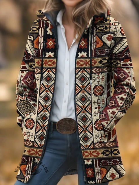 West Print Unisex Plush Thick Long-sleeved Cardigan Coat