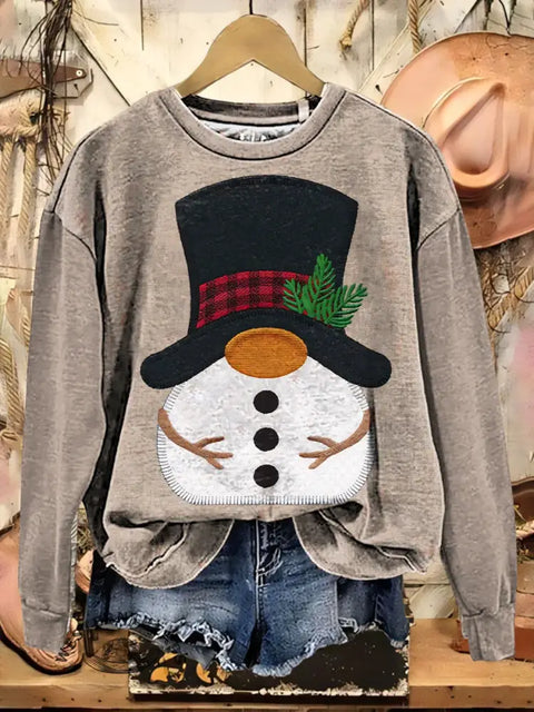 Retro Patchwork Snowman Art Casual Cotton Sweatshirt