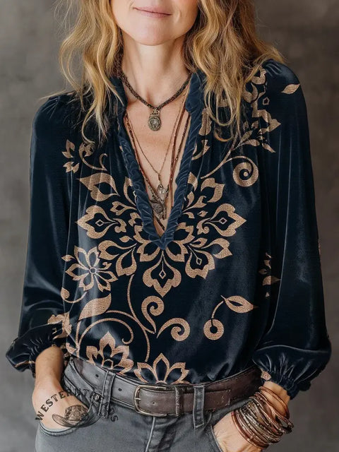 Women's retro flower Print Casual Cotton Shirt