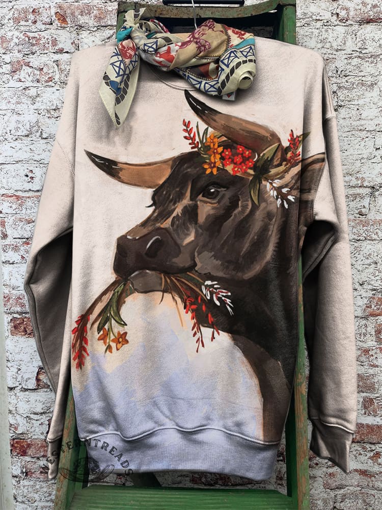 Vintage Bull Art Print Casual Sweatshirt