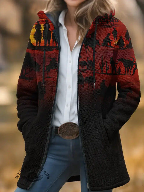 Western Sunset Unisex Plush Thick Long-Sleeved Cardigan Coat
