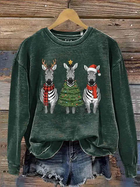 Christmas Zebra Print Casual Cotton Sweatshirt
