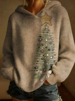 Vintage Christmas Print Casual Knitted Hoodie Sweater