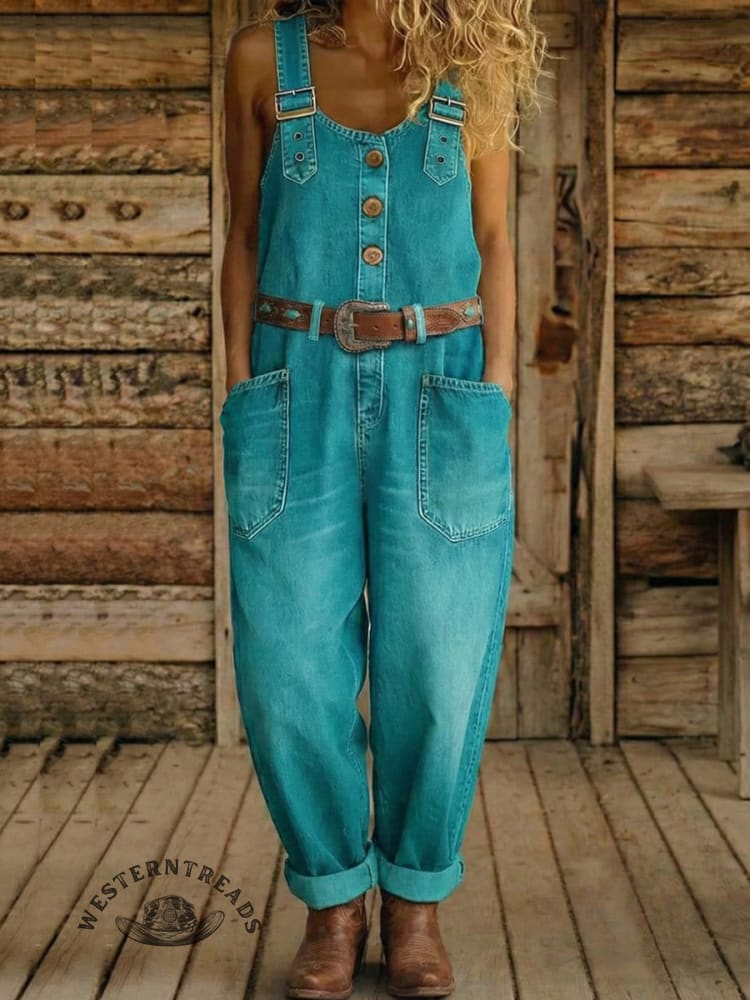 Vintage Western Art Buttons Denim Jumpsuit