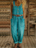 Vintage Western Art Buttons Denim Jumpsuit