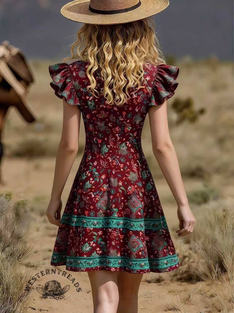 Women's Vintage Patchwork Casual V-neck Ruffled Dress