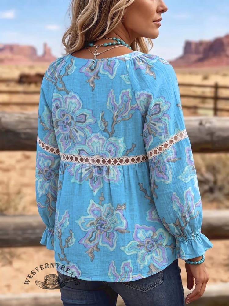 Women's Vintage Flowers Print Cutwork Patchwork Casual Shirt