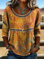 Women's Vintage Floral Print Casual Hollow Lace Denim Shirt