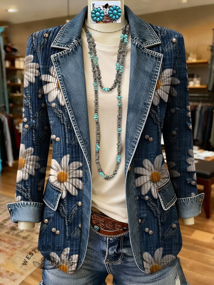 Retro Floral Fabric Art Print Patchwork Denim Sweater Cardigan Coat