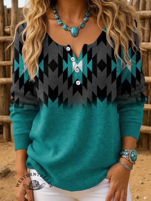 Retro Aztec Gradient Print Buttoned Cardigan Sweater