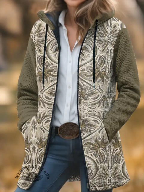 Retro Flower Print Unisex Plush Thick Long-sleeved Cardigan Coat