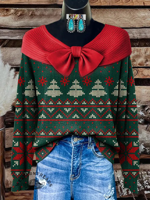 Women's Retro Christmas tree Print Casual Cotton sweater