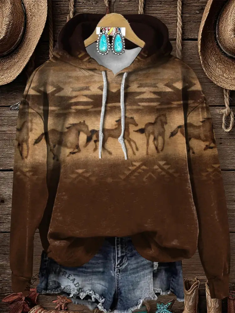 Retro Horse Aztec Print Cotton Casual Hoodie Sweatshirt