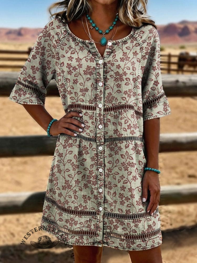 Vintage Floral Print Casual Hollow-Out Denim Dress