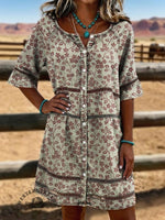 Vintage Floral Print Casual Hollow-Out Denim Dress
