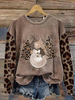 Leopard Print Christmas Tree And Snowman Casual Cotton Sweatshirt
