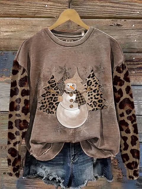 Leopard Print Christmas Tree And Snowman Casual Cotton Sweatshirt