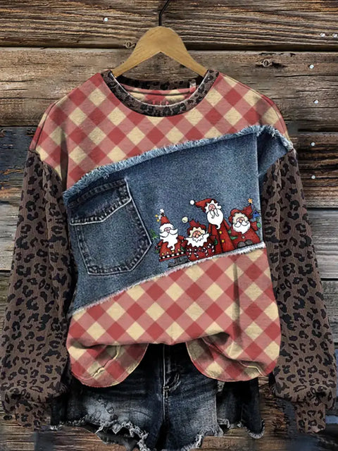 Plaid Santa Claus Leopard Print Denim Patchwork Casual Cotton Sweatshirt