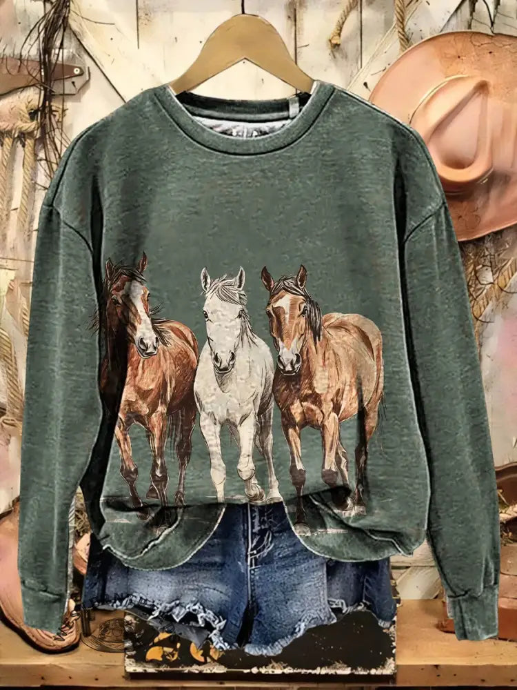 Retro Western Horse Print Casual Cotton Sweatshirt
