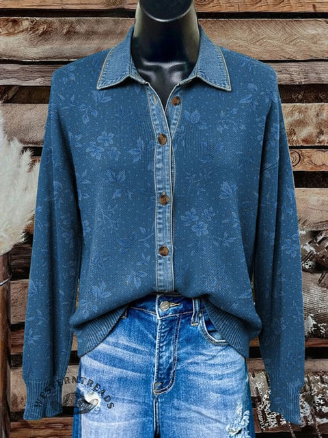 Denim Floral Polo Collar Button Cardigan Sweater