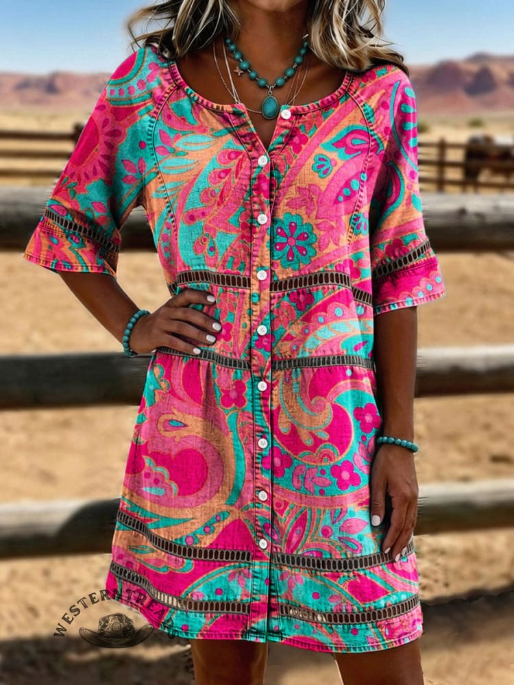 Vintage Paisley Print Casual Hollow-Out Denim Dress