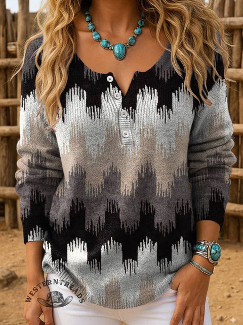 Zigzag Shape Print Buttoned Cardigan Sweater