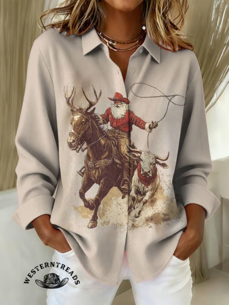 Cowboy Santa Claus Print Casual Cotton Sweatshirt