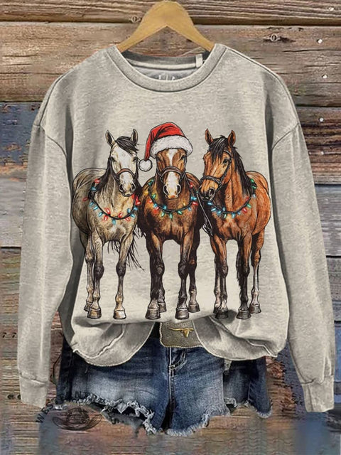 Christmas Horse Print Casual Cotton Sweatshirt