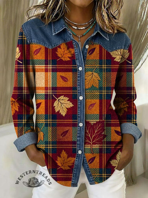 Women's Maple Leaf Plaid Print Patchwork Denim Casual Cotton Shirt