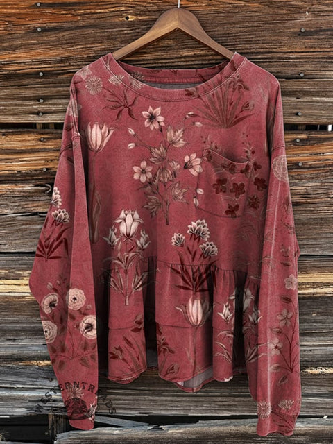 Women's Retro Floral Print Loose Casual Cotton Sweatshirt