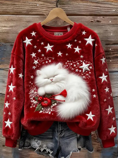 Women's Christmas Sleeping Fuzzy Cat Stars Embroidered Art Print Cozy Plush Sweater