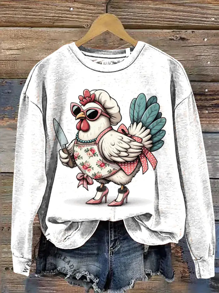 A Chicken Wearing High Heels And Holding A Knife Art Print Casual Cotton Sweatshirt