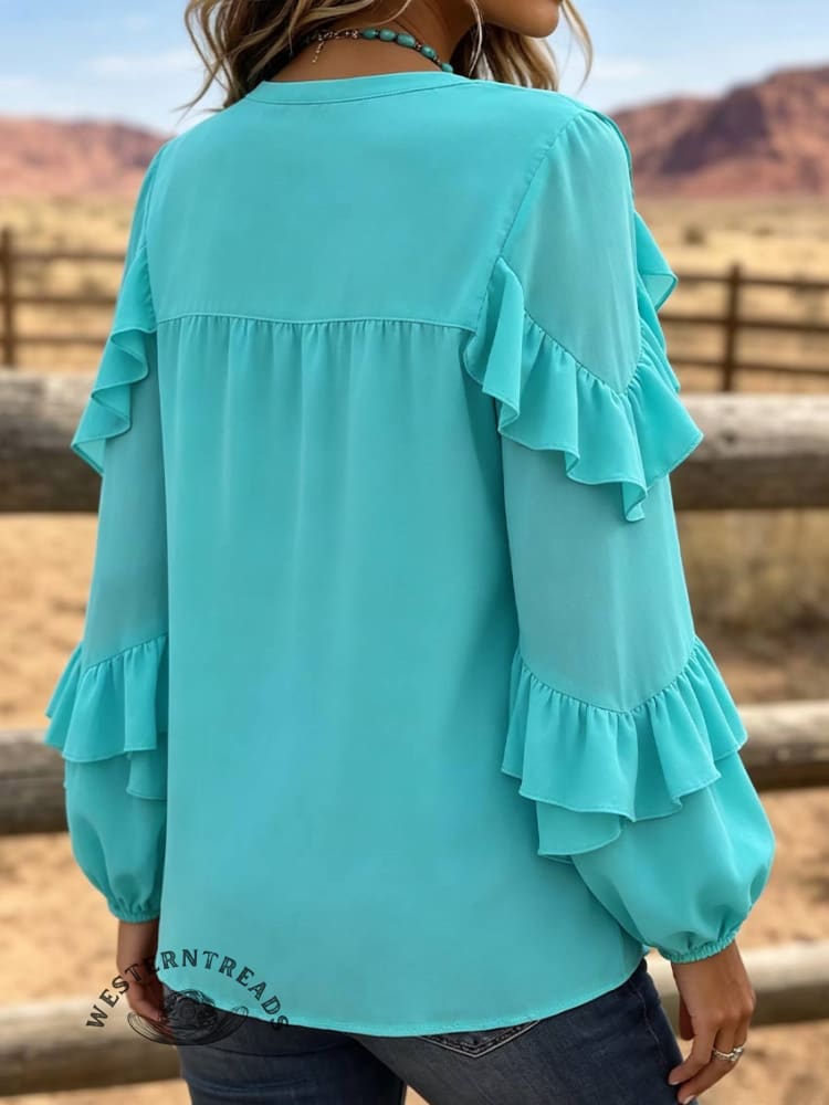 Turquoise Button-Up Flounce Top