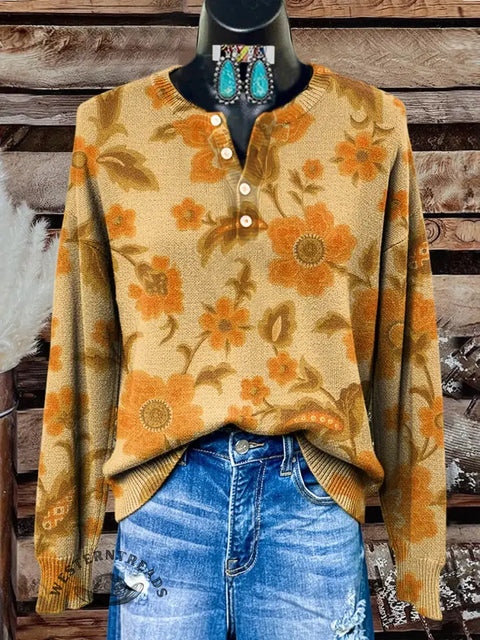 Retro Floral Art Print Buttoned Cardigan Sweater