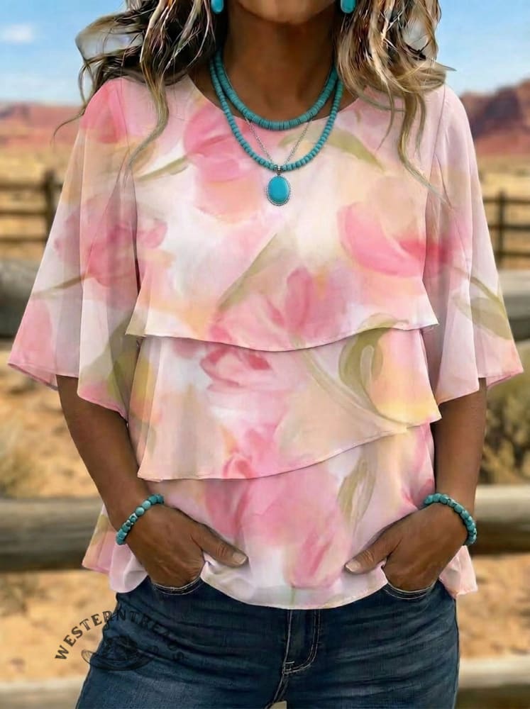 Vintage Art Patchwork Design Layered Ruffle Shirt