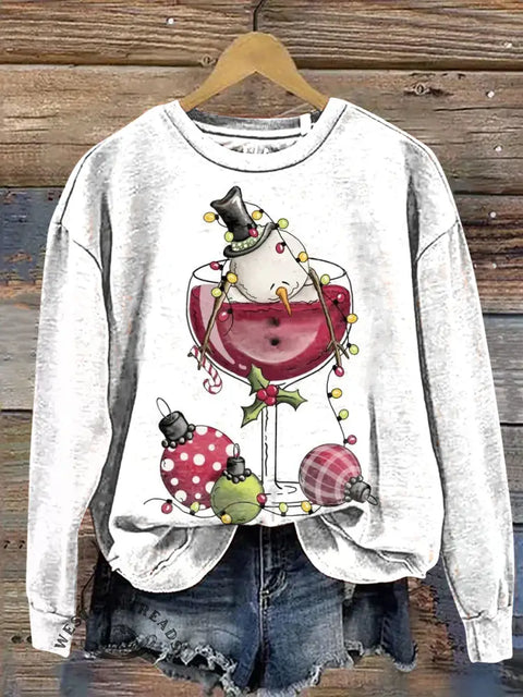 Christmas red wine glass snowman Casual Cotton Sweatshirt