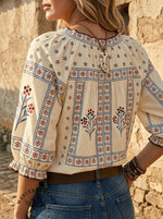 Vintage Ethnic Art Print Casual Ruffle Tie-up Shirt