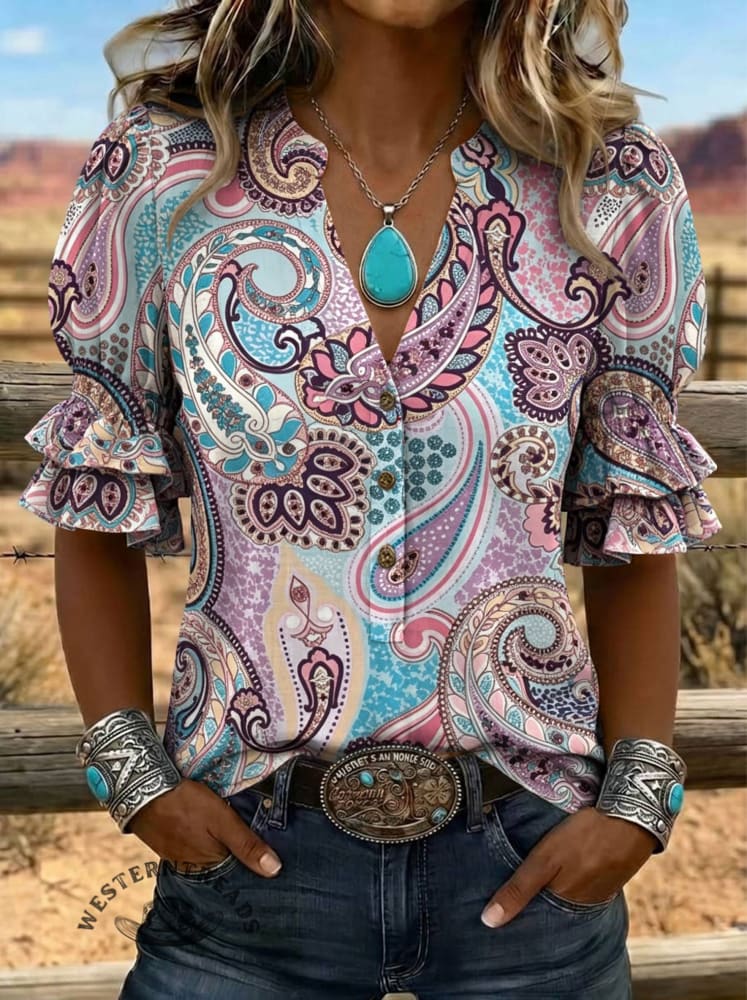 Women's Paisley Print Puff Sleeve Casual Shirt