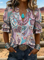 Women's Paisley Print Puff Sleeve Casual Shirt