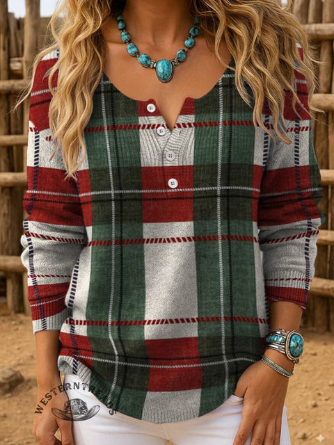 Red and Green Checkered  Print Buttoned Cardigan Sweater