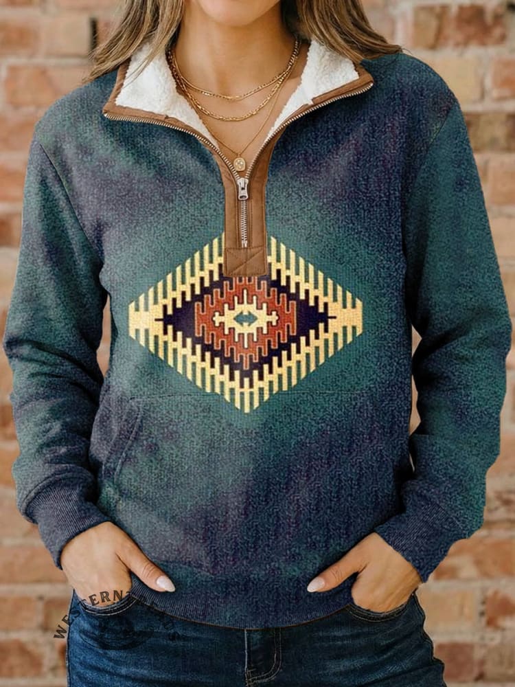 Aztec Print Casual Half-zip Cotton Sweatshirt