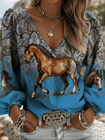 Women's West Horse Art Print Casual Cotton And Linen Shirt