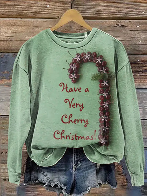 Christmas Cherry Cane Print Casual Cotton Sweatshirt