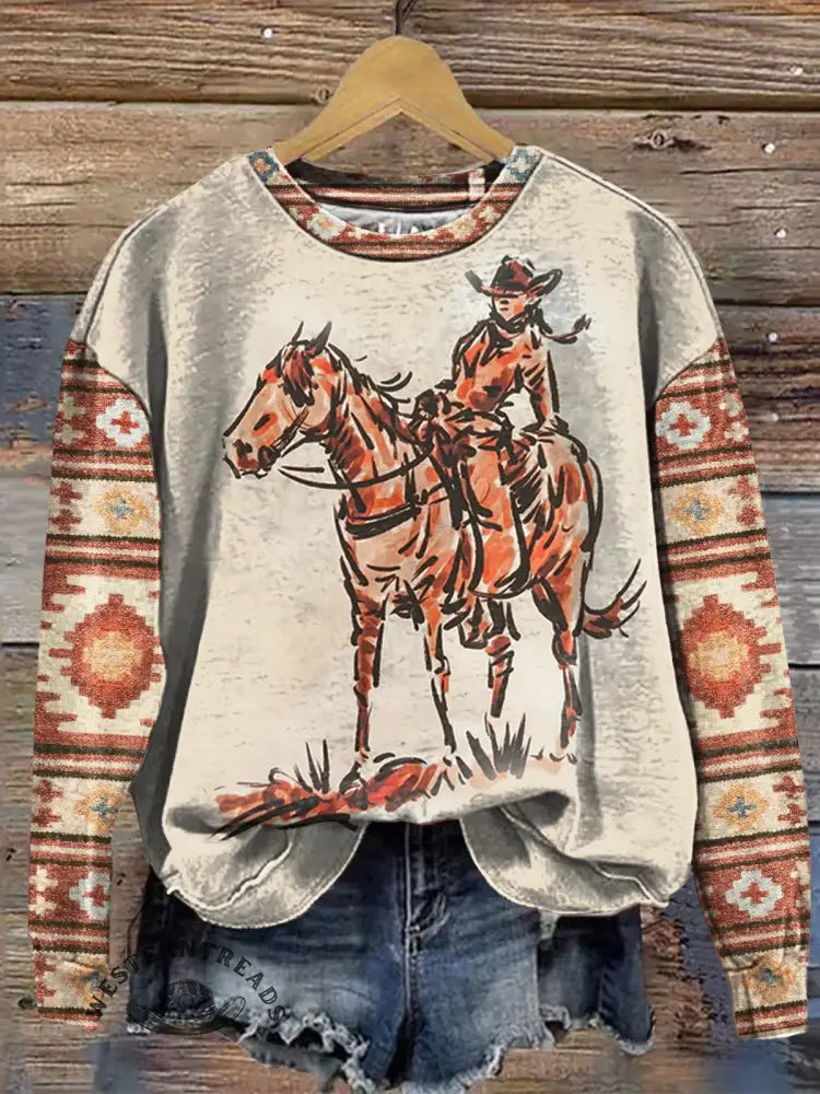 Vintage Western Cowboy Art Print Casual Sweatshirt