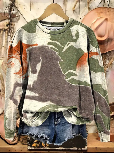 Retro Western Horse Print Casual Cotton Sweatshirt