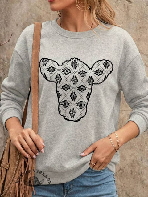 Cow West Print Casual Cotton Sweatshirt