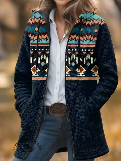 Aztec Print Unisex Plush Thick Long-sleeved Cardigan Coat