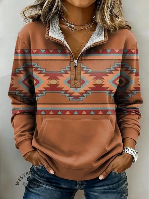 Retro Orange Aztec Print Casual Half-zip Cotton Sweatshirt